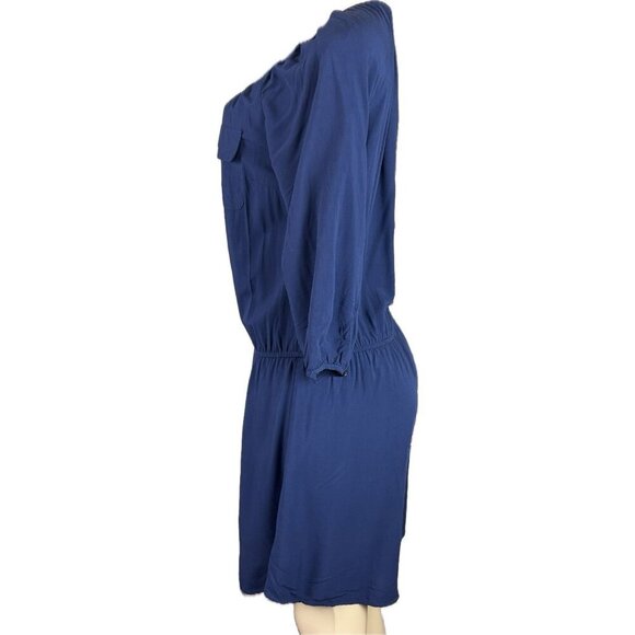 Old Navy M Navy Drop Waist Button Neck Pockets Curved Hem 3/4 Sleeve Short Dress - Picture 5 of 6